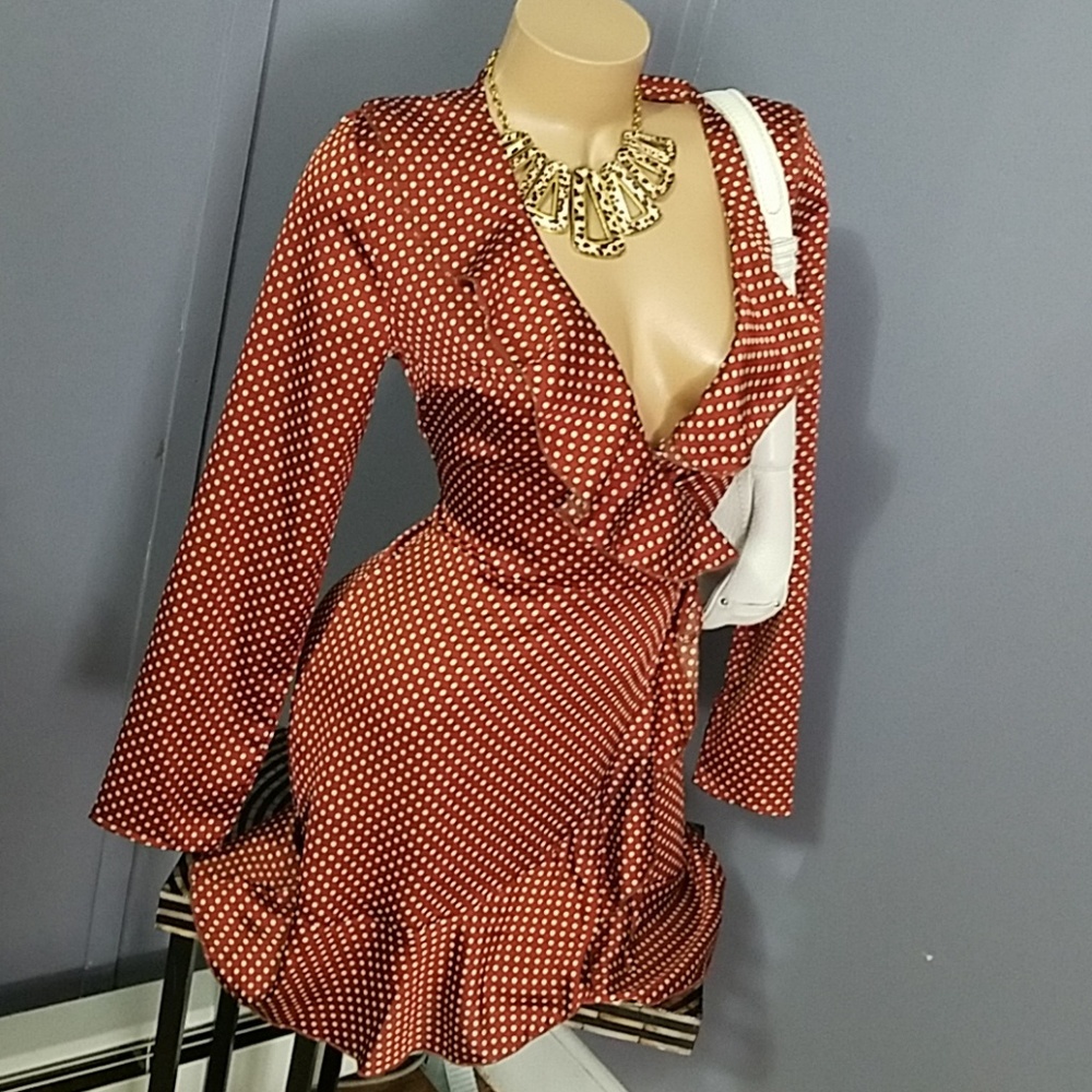 Copper Polka Dot Faux Wrap Dress - Picture 2 of 8